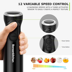 3 in 1 Kitchen Immersion Blender Handheld, 12-Speed & Turbo Hand Blender Electric w/ Sharp Blades w/ Egg Whisk, 24oz Beaker