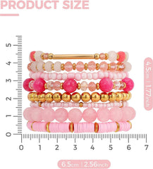 Pink Bracelets Bohemian Multi-Layer Beaded Stacking,8 Pcs Versatile Strand Stretch Sparkly Crystal Beads
