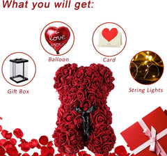 Rose Bear Valentines Day Flower Teddy Bear w/ Box Lights Balloon Card, Wine Red
