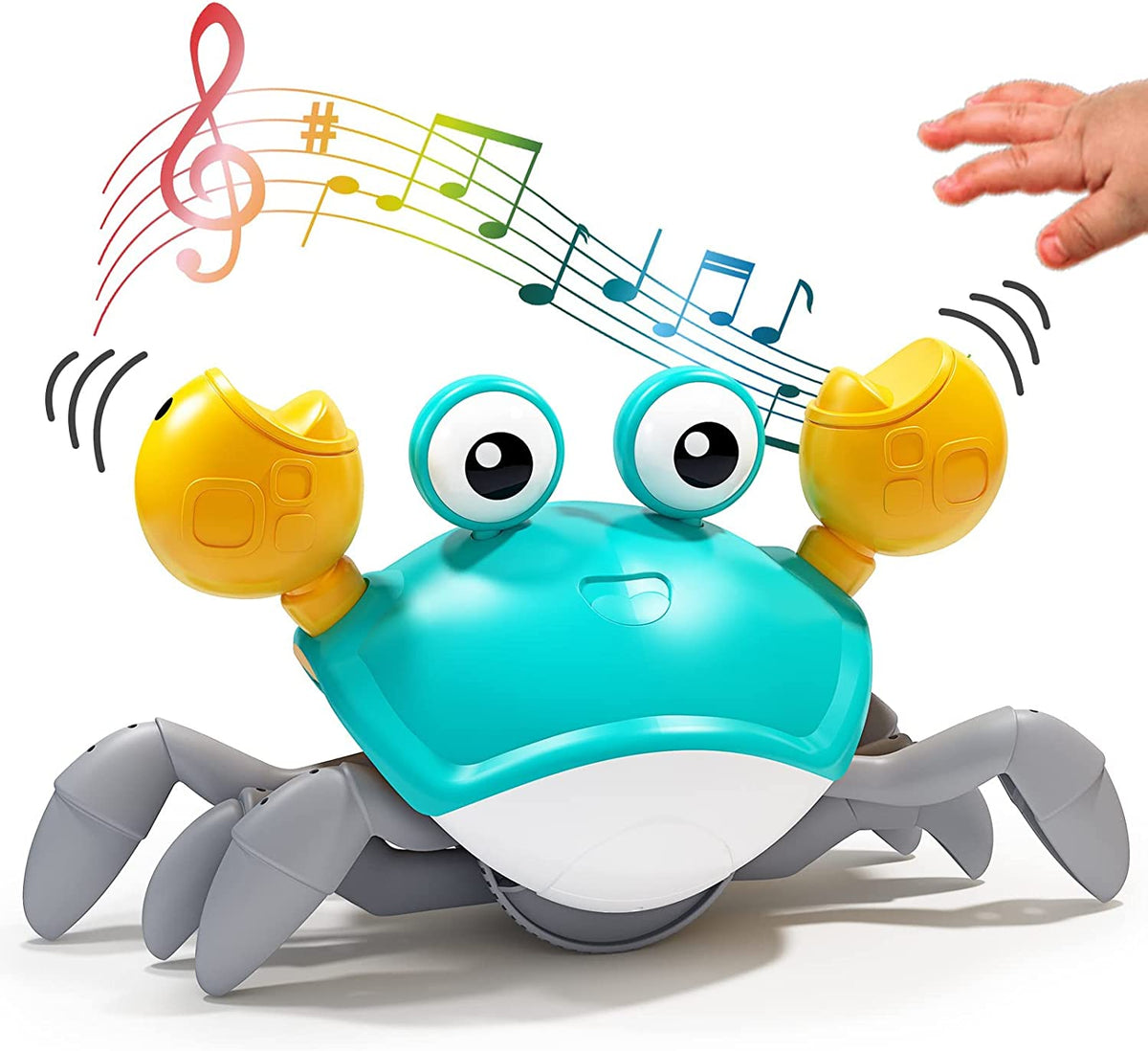 Green Crawling Crab Toys with Light Up, Interactive Musical w/ Automatically Avoid Obstacles, USB Rechargeable