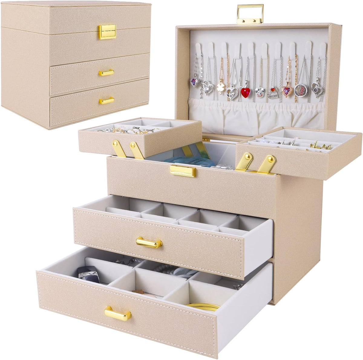 Jewelry Organizer Box, Jewelry Holder Organizer Box, PU Leather Jewelry Box, Gift Idea for Valentine's Day, Birthday, Mother's Day, Christmas (Champagne)
