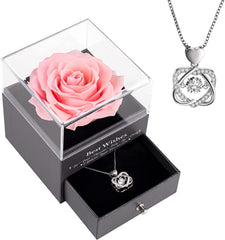 Preserved Real Rose w/ Necklace, Eternal Rose for Mom Wife Girlfriend Sister Ideas (Pink)