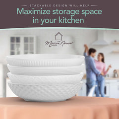 Premium Porcelain White Dinner Bowls Set of 4- 34oz -Textured White