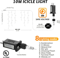 400 LED 32.8ft 8 Modes 64 Drops Christmas Icicle Lights