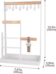 Jewelry Organizer Stand Necklace Holder, 4-Tier Tower Rack with Earring Tray, 10 Hooks Necklaces Hanging Small Jewelry Display Storage Tree for Bracelets Rings Watches