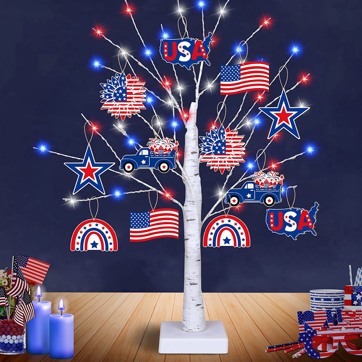 4th of July  Decoration Tree Light w/ 12 Patriotic Wooden Signs, TIMER, USB/Battery Operated