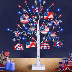 4th of July  Decoration Tree Light w/ 12 Patriotic Wooden Signs, TIMER, USB/Battery Operated