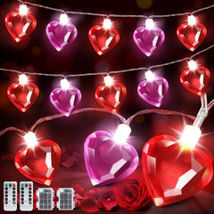 2 Pack Valentines Day Heart String Lights, 60 LED Diamond Cut with Timer, 8 Modes (Red, Pink)