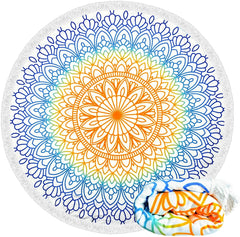 Large & Thick Microfiber Vintage Mandala Round Beach Towel Throw Blanket with fringed 62"x 62"