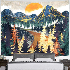 Mountain Tapestry Wall Hanging Forest Trees Art Sunset Tapestry Road in Nature Landscape Home Decor for Room (51.2 x 59.1 inches)