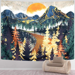 Mountain Tapestry Wall Hanging Forest Trees Art Sunset Tapestry Road in Nature Landscape Home Decor for Room (51.2 x 59.1 inches)