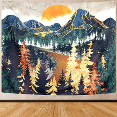 Mountain Tapestry Wall Hanging Forest Trees Art Sunset Tapestry Road in Nature Landscape Home Decor for Room (51.2 x 59.1 inches)