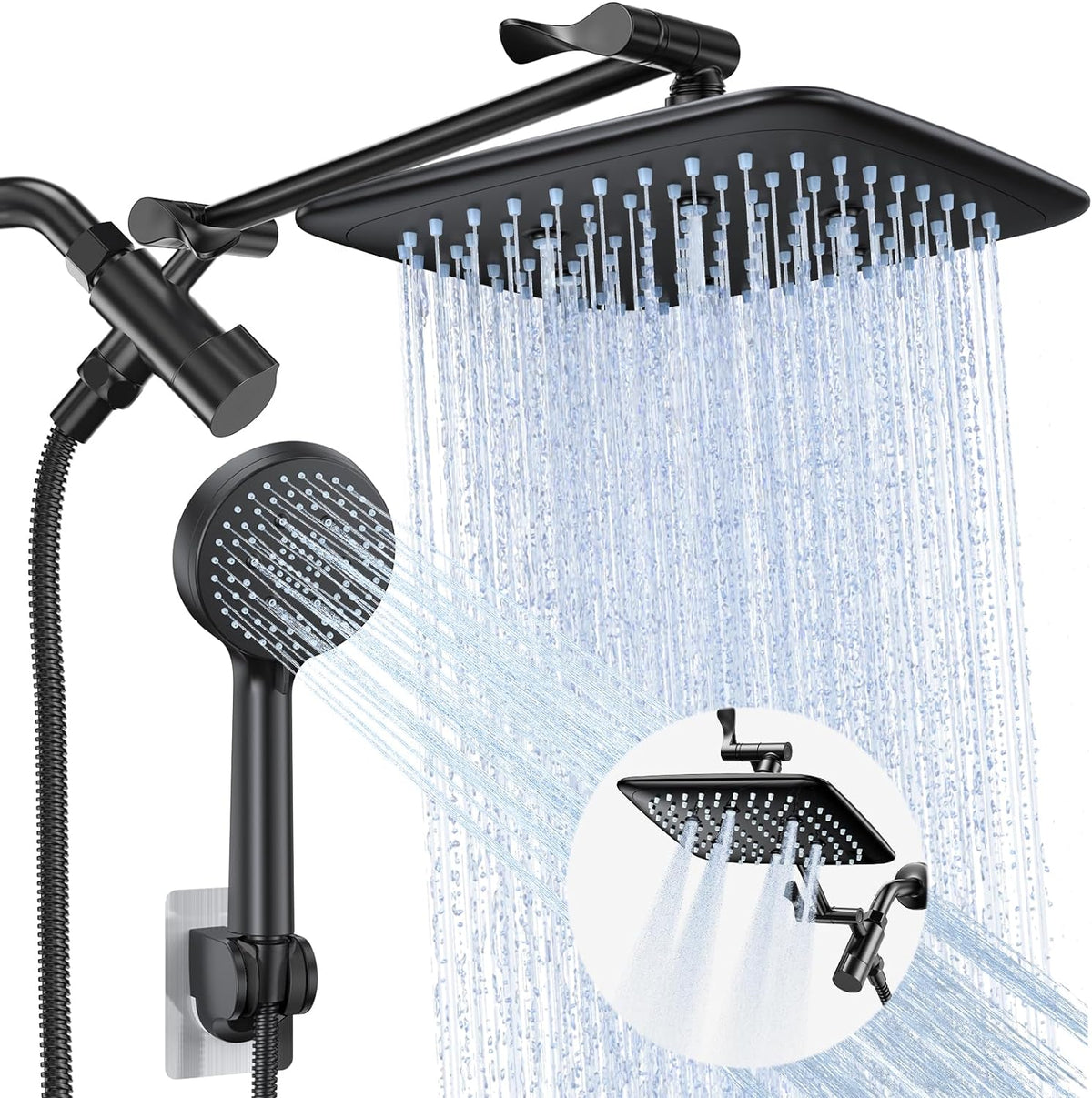 High Pressure Rain Shower Head with Handheld Sparay Combo - Easy to Install Wide Rainfall Showerhead with 23 Water Spray Modes Black Shower Headsâ€?Adjustable Dual Showerhead with Extension Arm