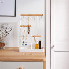 Jewelry Organizer Stand Necklace Holder, 4-Tier Tower Rack with Earring Tray, 10 Hooks Necklaces Hanging Small Jewelry Display Storage Tree for Bracelets Rings Watches