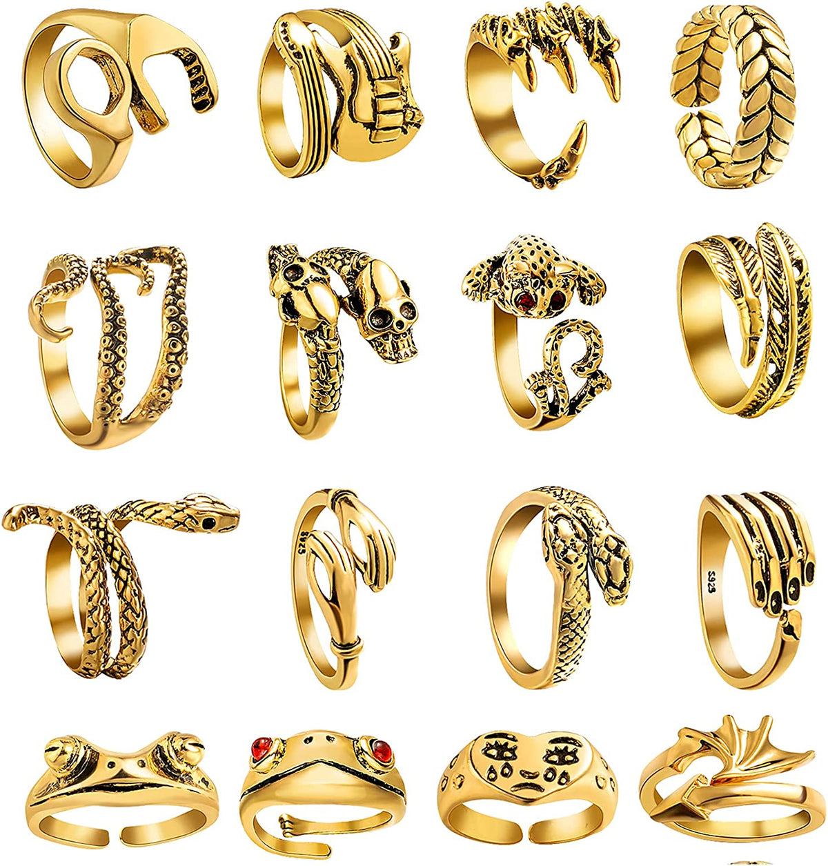 16 Pcs Vintage Frog/Dragon/ eagle Open Rings for Women Knuckle Stacking Ring Set