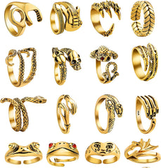 16 Pcs Vintage Frog/Dragon/ eagle Open Rings for Women Knuckle Stacking Ring Set
