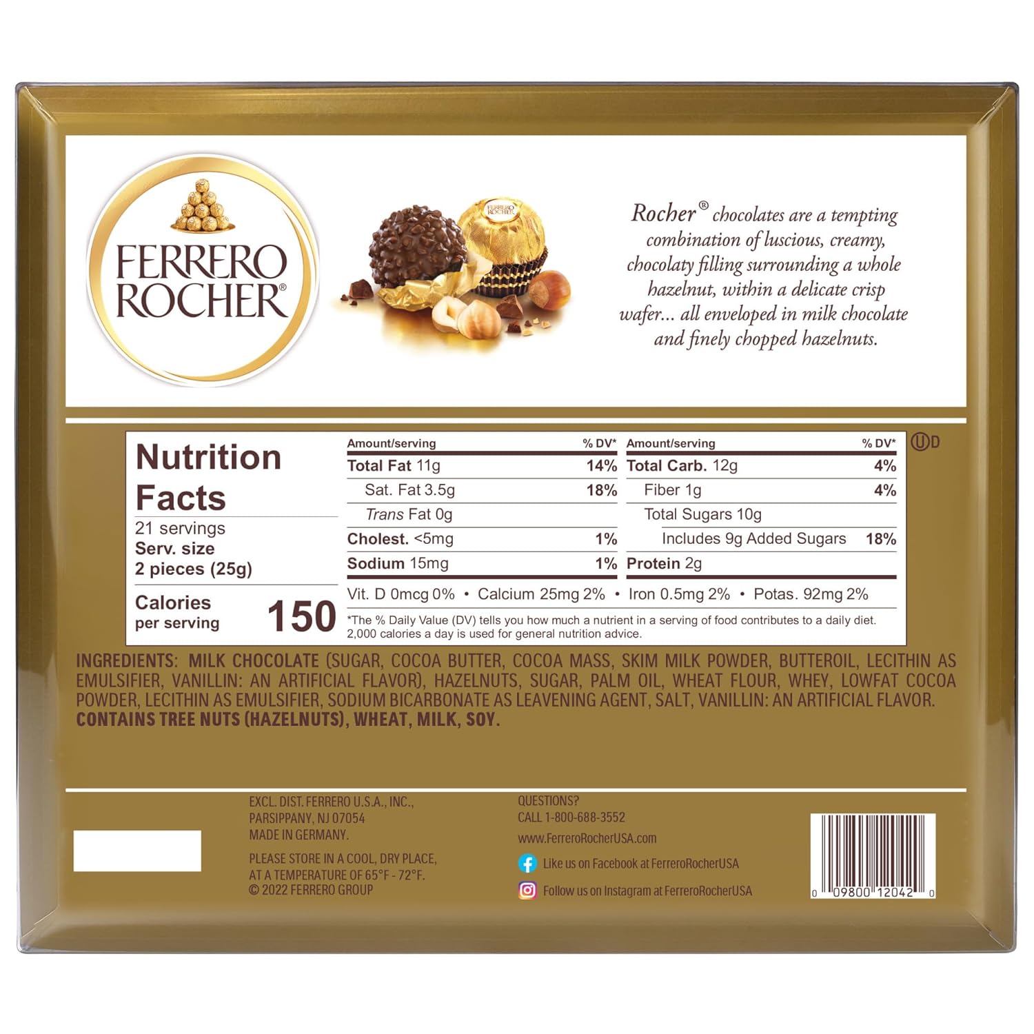 Ferrero Rocher Sizes Ferrero Rocher, 42 Count, Premium Milk Chocolate Hazelnut, Chocolates ...
