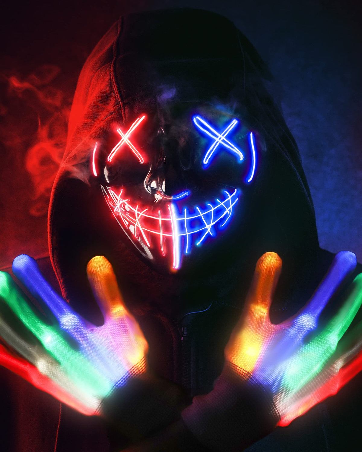 Halloween Mask Skeleton Gloves Set, 3 Modes Light Up Scary LED Mask with LED Glow Gloosture
