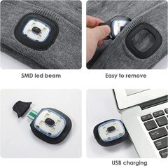 LED Beanie Hat w/ Light, Unisex USB Rechargeable Winter Knit Lighted Headlight (Grey)