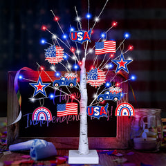 4th of July  Decoration Tree Light w/ 12 Patriotic Wooden Signs, TIMER, USB/Battery Operated