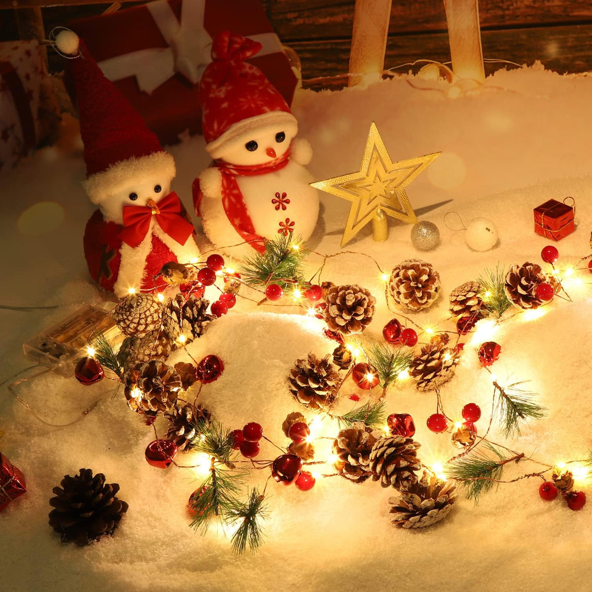 Christmas Garland with Lights,Red Berry Pine 10 Ft 30 LED Pine Cone,led Garland String  for Home Fireplace Mantel Xmas