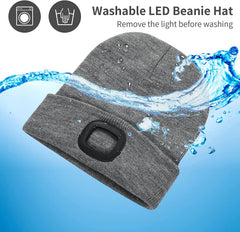 LED Beanie Hat w/ Light, Unisex USB Rechargeable Winter Knit Lighted Headlight (Grey)
