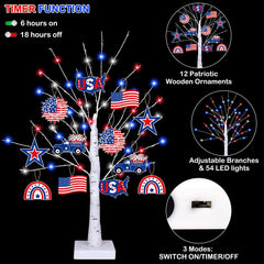 4th of July  Decoration Tree Light w/ 12 Patriotic Wooden Signs, TIMER, USB/Battery Operated