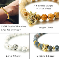 6PCS Mens Bead Bracelets Set Dragon/Lion/Panther Charm Lava Rock, 8MM, Style A