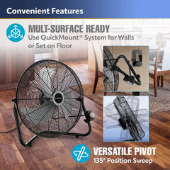 High Velocity Floor Fan w/ Wall mount Option, 3 Powerful Speeds, Pivoting Fan Head 20", Black, 2264QM