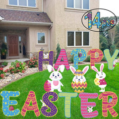 Easter Yard Sign | (14 Pcs) Large 17" Tall, Happy Easter Outdoor Decorations