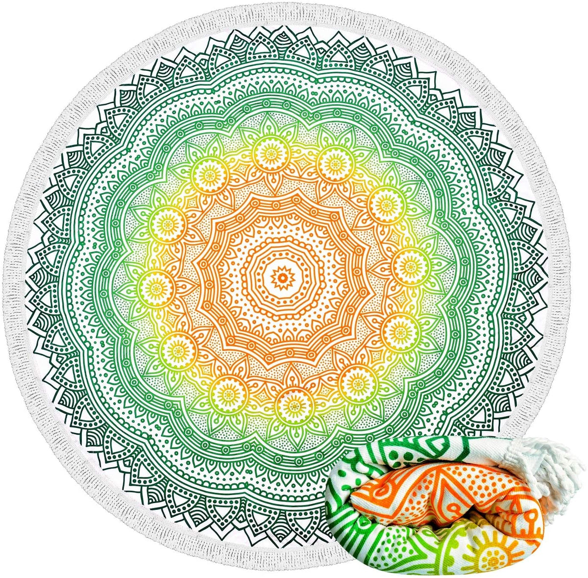 Large & Thick Microfiber Vintage Mandala Round Beach Towel Throw Blanket with fringed 62"x 62"