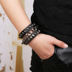 Goth Punk Bracelet Leather Spike Stud Wristband Multilayer Chain Rivets Bracelet