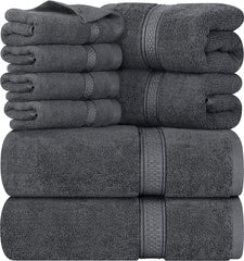 Towels 8-Piece Premium Towel Set, 2 Bath Towels, 2 Hand Towels, and 4 Wash Cloths, 600 GSM 100% Ring Spun Cotton Highly Absorbent Towels for Bathroom, Gym, Hotel, and Spa (Grey)