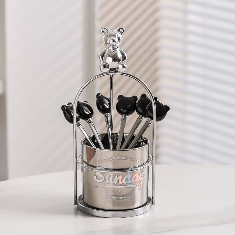 Bear Ceramic Dessert Fork & Spoon Storage Jar