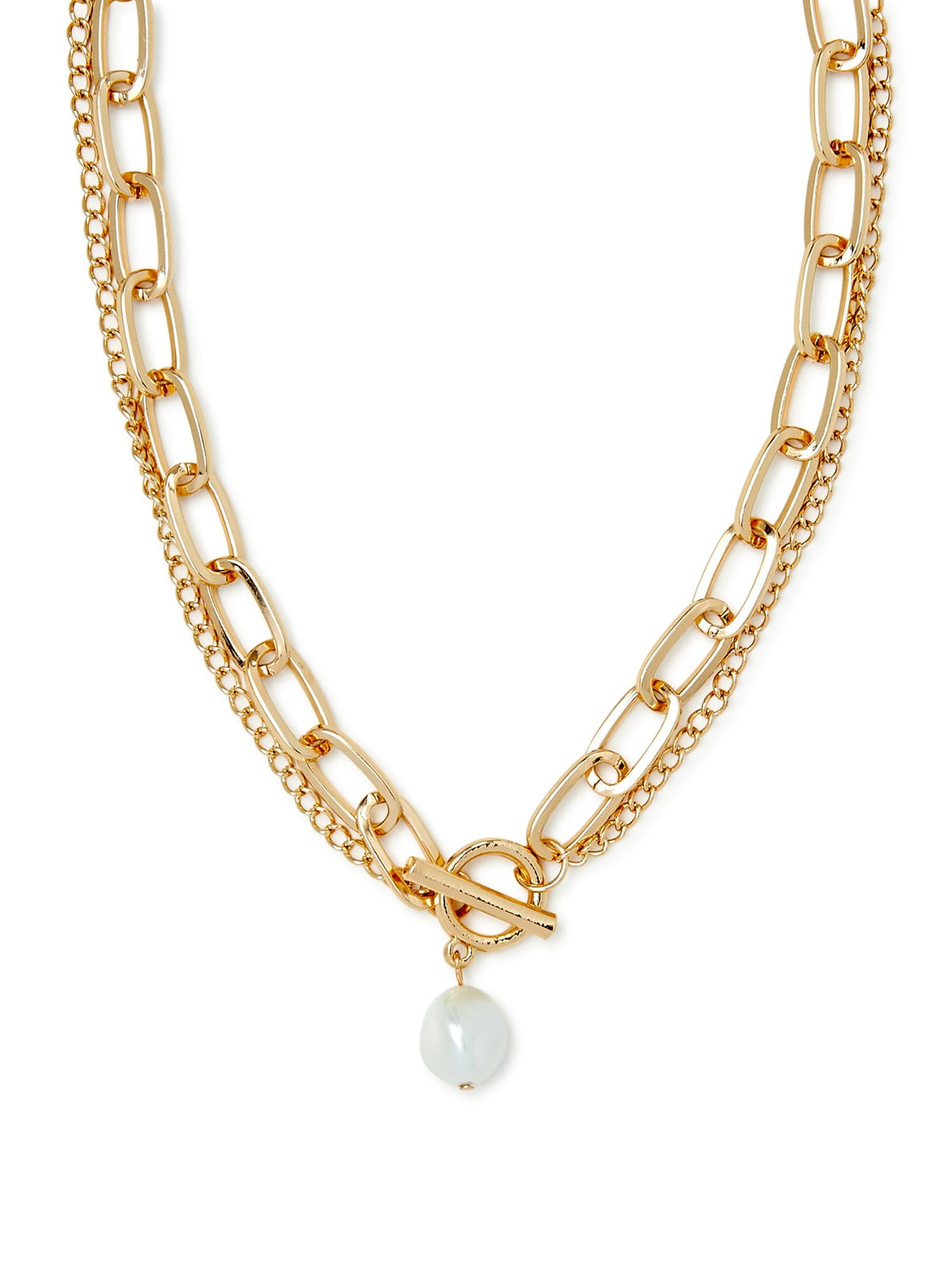 Women's 14K Gold Flash-Plated Double Chain Link Faux Pearl Toggle Necklace