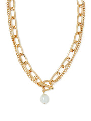 Women's 14K Gold Flash-Plated Double Chain Link Faux Pearl Toggle Necklace