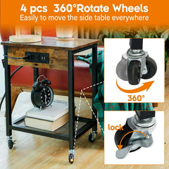 End Table w/ Charging Station & USB Ports w/ Wheels & Storage Shelf
