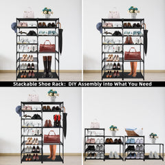 Large Metal Shoe Rack, 50-55 Pairs w/ Hooks-Black