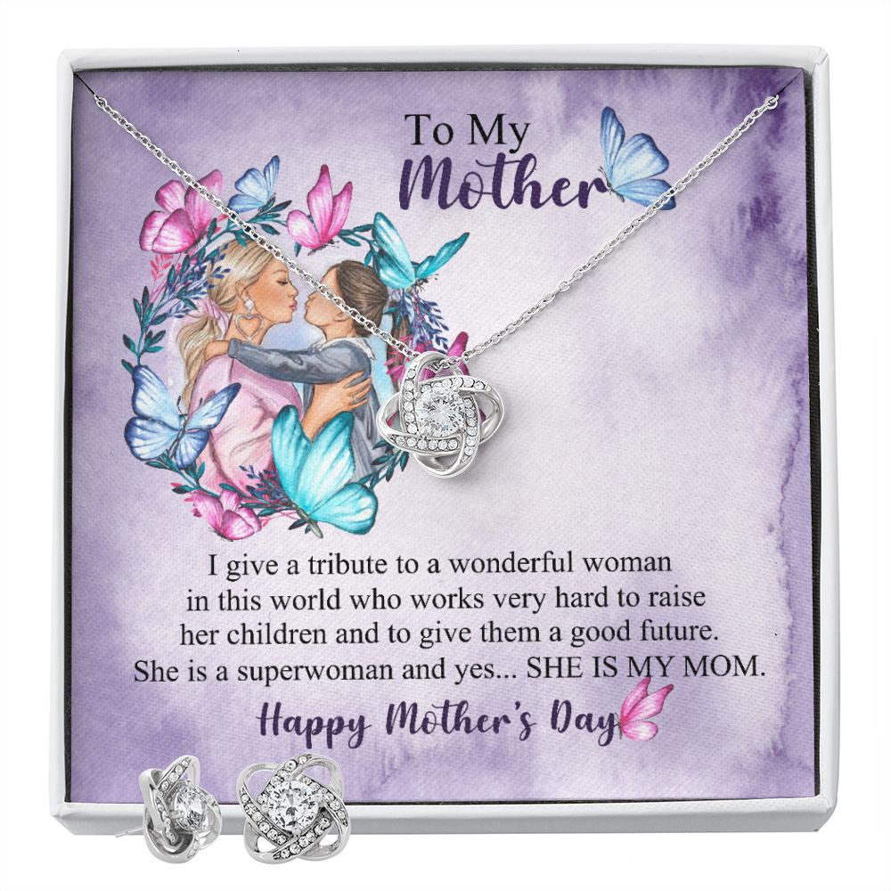 Happy Mothers day To my Mother Love Knot Earring & Necklace Set