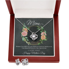 I love you Mom, Mothers Day Love Knot Earring & Necklace Set