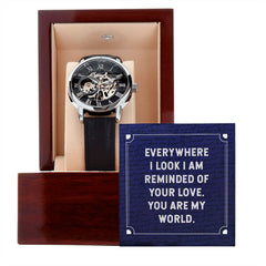 Everywhere I look Men's Openwork Watch w/ Genuine Black Leather Band