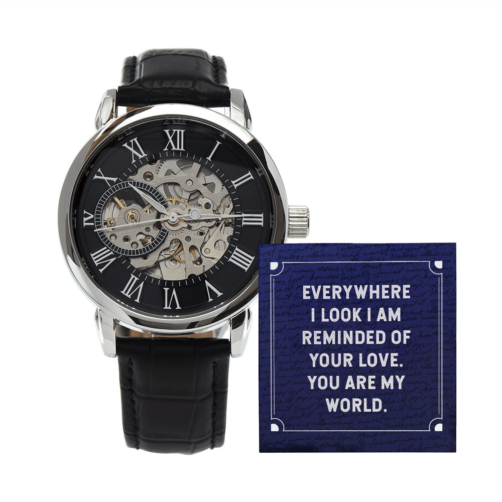 Everywhere I look Men's Openwork Watch w/ Genuine Black Leather Band
