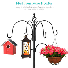 6-Hook Bird Feeding Station, Steel Multi-Feeder Stand w/ 4 Feeders, Tray, Bird Bath