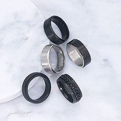 8MM 5pcs Stainless Steel Ring Mens Black Spinner Chain Rings Beveled Edge Wedding Band Plain Ring Set for Men Women Size 8