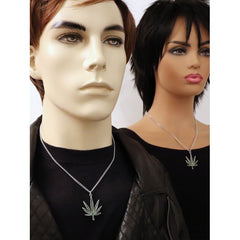M****** Pot Leaf Green Enamel on Silver Finish Pewter Pendant Necklace for Men/Women