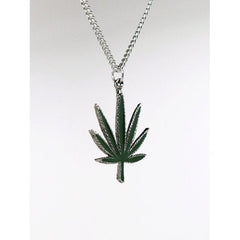 M****** Pot Leaf Green Enamel on Silver Finish Pewter Pendant Necklace for Men/Women