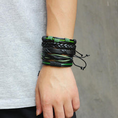 Unisex Green & Black Braided Leather Wristband Bracelet For Men or Women, 5pcs Set