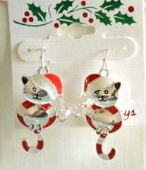 Santa Cat / Candy Cane Christmas Fish Hook Earrings / Silver-tone / Cat Jewelry