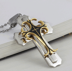 Cross Pendant Necklace Stainless Steel Crucifix Cuban Gold Black Men