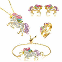 Unicorn Jewelry Set Rainbow Rhinestone Crystal Necklace, Bracelet, Earring,Ring